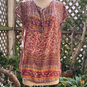 Lucky Brand Border Print Top , cap sleeves. Boho style with ties. Size Large